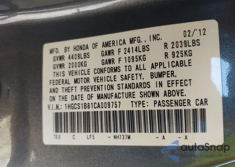 2012 Honda Accord 2.4 Ex-L z USA, uszkodzony, nr VIN 1HGCS1B81CA009757